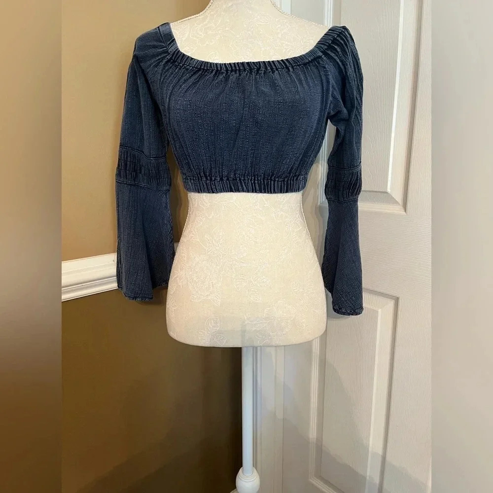Natural Cotton FLARE MIDNIGHT BLUE OFF-SHOULDER cropped top long sleeve size M - Picture 10 of 16